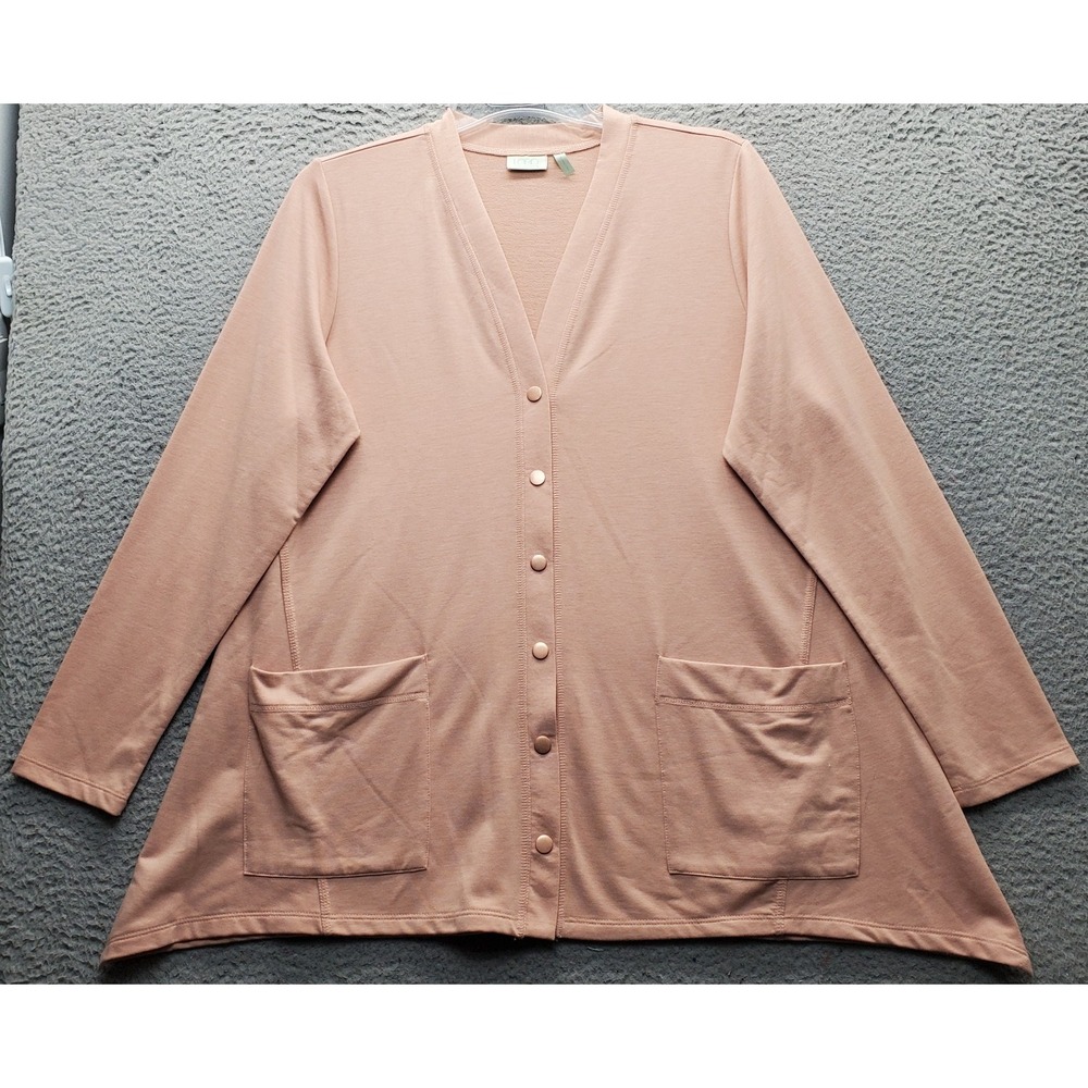 LOGO by Lori Goldstein Cardigan Top Women L Pink Stretch V-Neck Button Front EUC